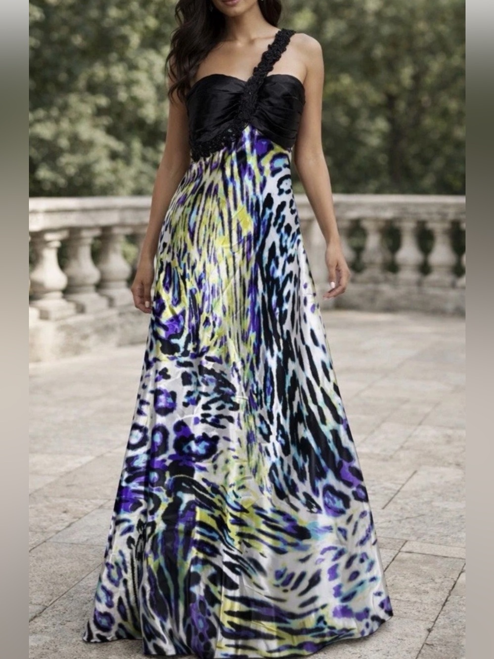 Abstract Print One Shoulder Evening Dress Formal Prom Gown Size 8-10 Purple Blue